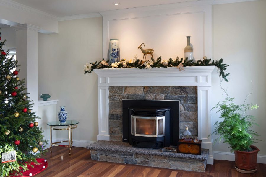 elegant fireplace with brick walls