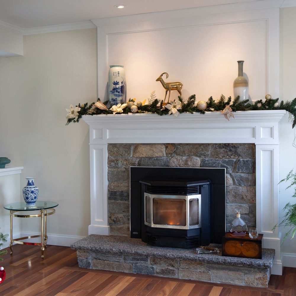 elegant fireplace with brick walls