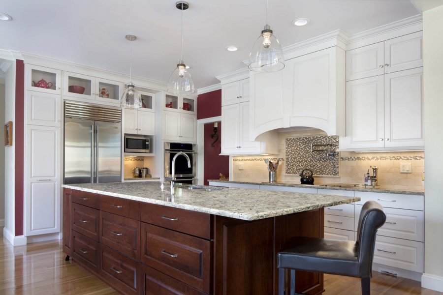 white themed kitchen countertop with brown cabintets