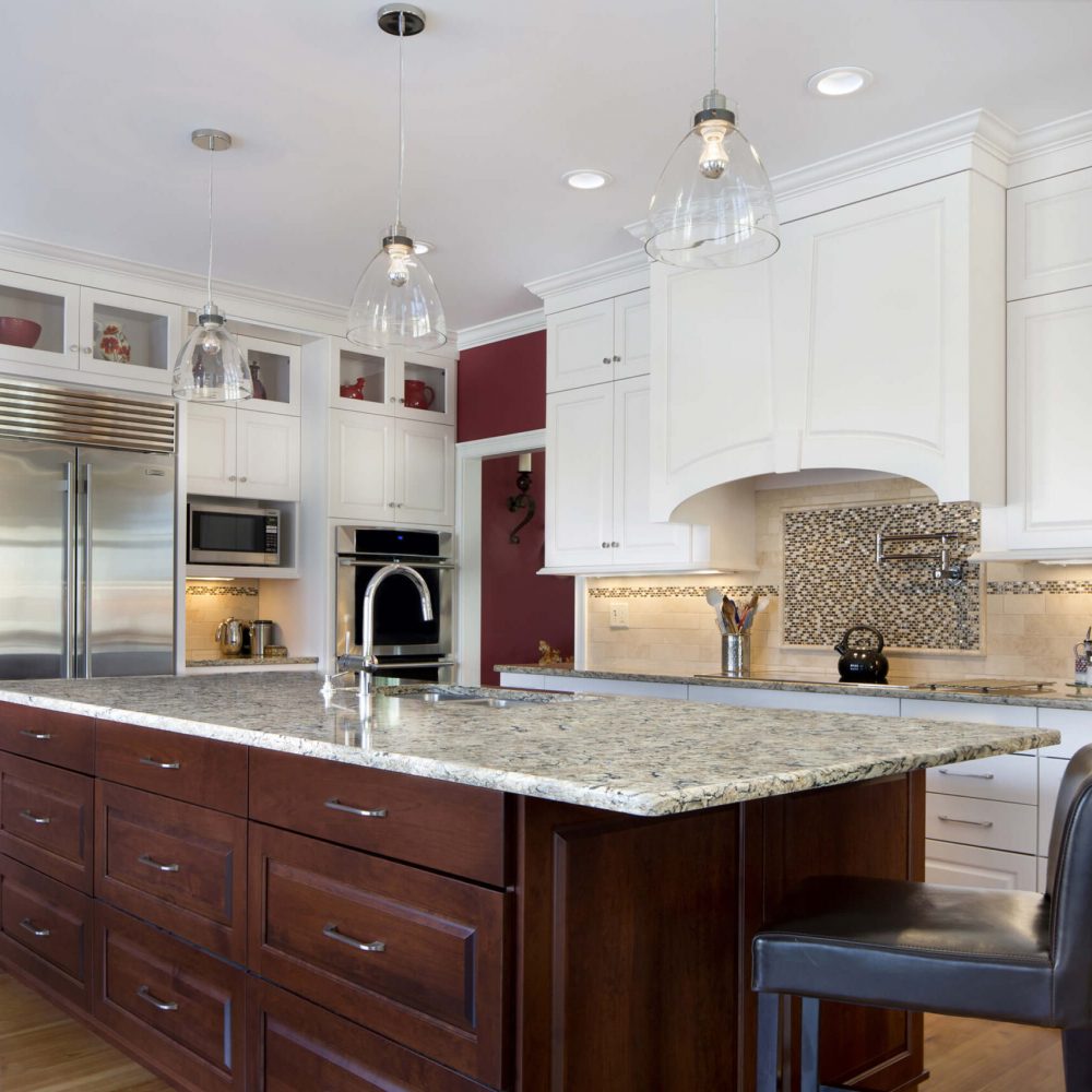 white themed kitchen countertop with brown cabintets