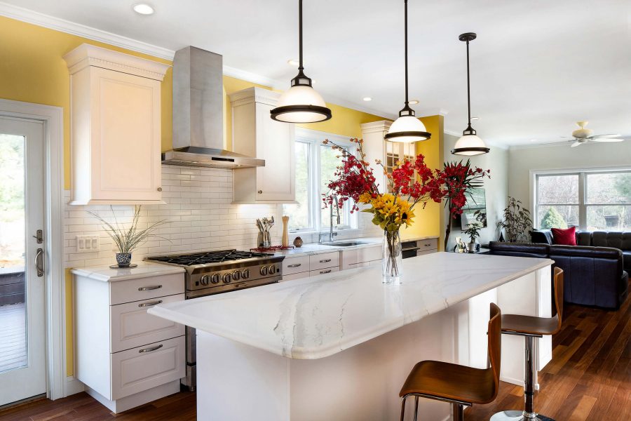 white granite kitchen table with beautiful lighting