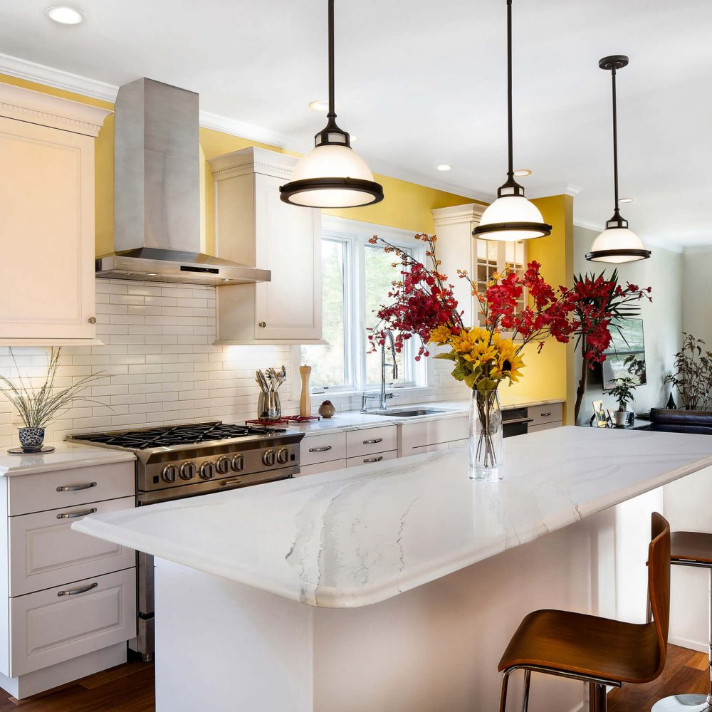 white granite kitchen table with beautiful lighting