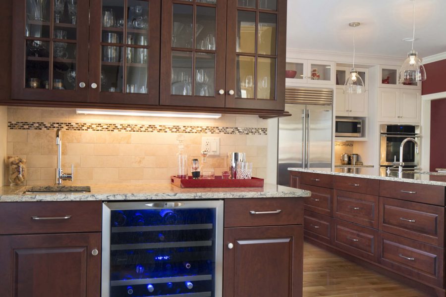 dark mahogany overhead cabinet with two cabinets and stove