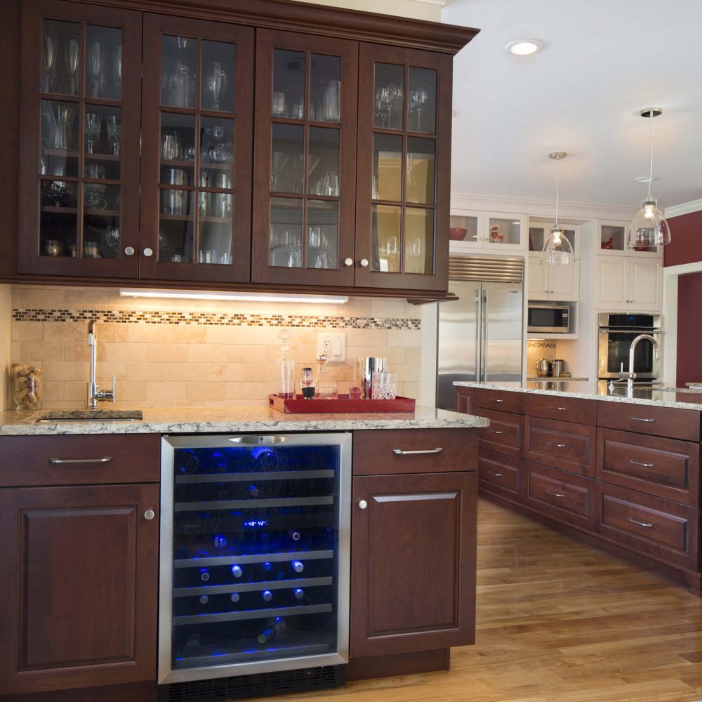 dark mahogany overhead cabinet with two cabinets and stove